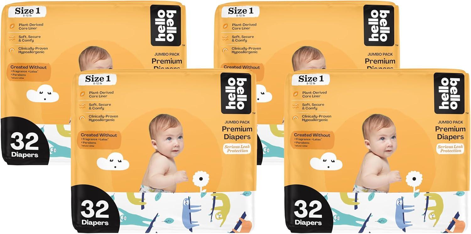 image:imageHello Bello Diapers Size 1 812 lbs Flower Child 128 Count Value Pack of Premium Disposable Baby Diapers Hypoallergenic with Soft ClothLike FeelSleepy Sloths