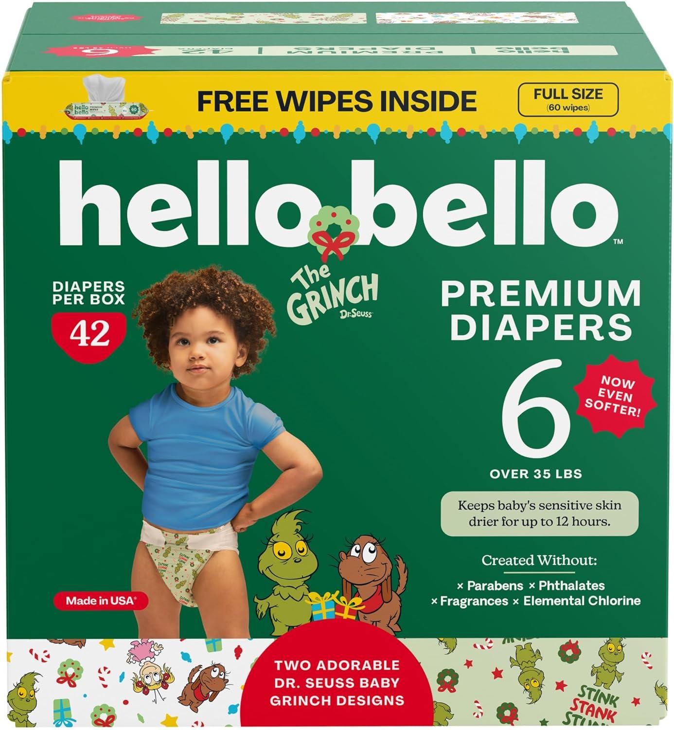 image:imageHello Bello Dr Seuss Baby Grinch Premium Diapers Size 1 812 lbs 82ct Plus Bonus Baby Wipes Softness amp Protection for Sensitive SkinDr Seuss Baby Grinch
