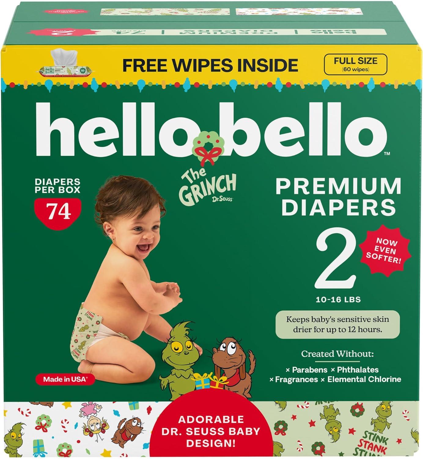 image:imageHello Bello Dr Seuss Baby Grinch Premium Diapers Size 1 812 lbs 82ct Plus Bonus Baby Wipes Softness amp Protection for Sensitive SkinDr Seuss Baby Grinch