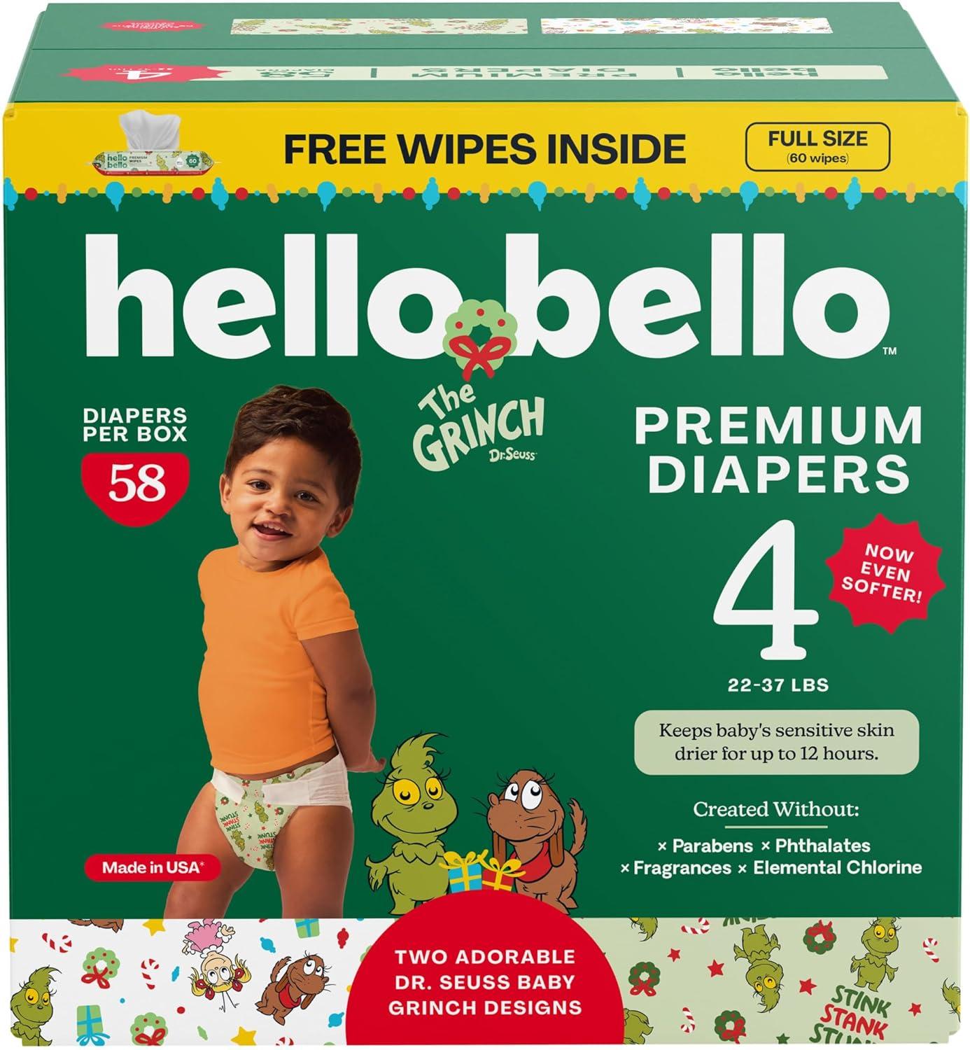 image:imageHello Bello Dr Seuss Baby Grinch Premium Diapers Size 1 812 lbs 82ct Plus Bonus Baby Wipes Softness amp Protection for Sensitive SkinDr Seuss Baby Grinch