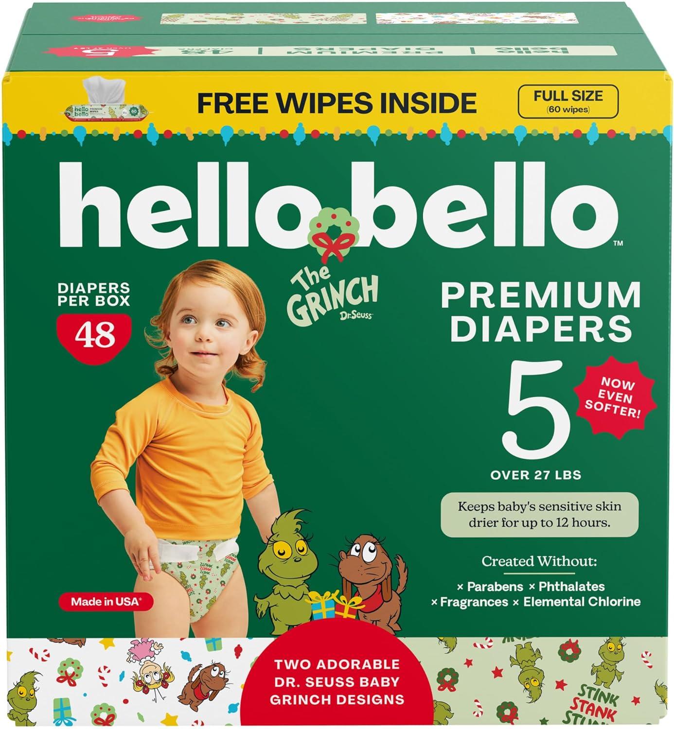 image:imageHello Bello Dr Seuss Baby Grinch Premium Diapers Size 1 812 lbs 82ct Plus Bonus Baby Wipes Softness amp Protection for Sensitive SkinDr Seuss Baby Grinch