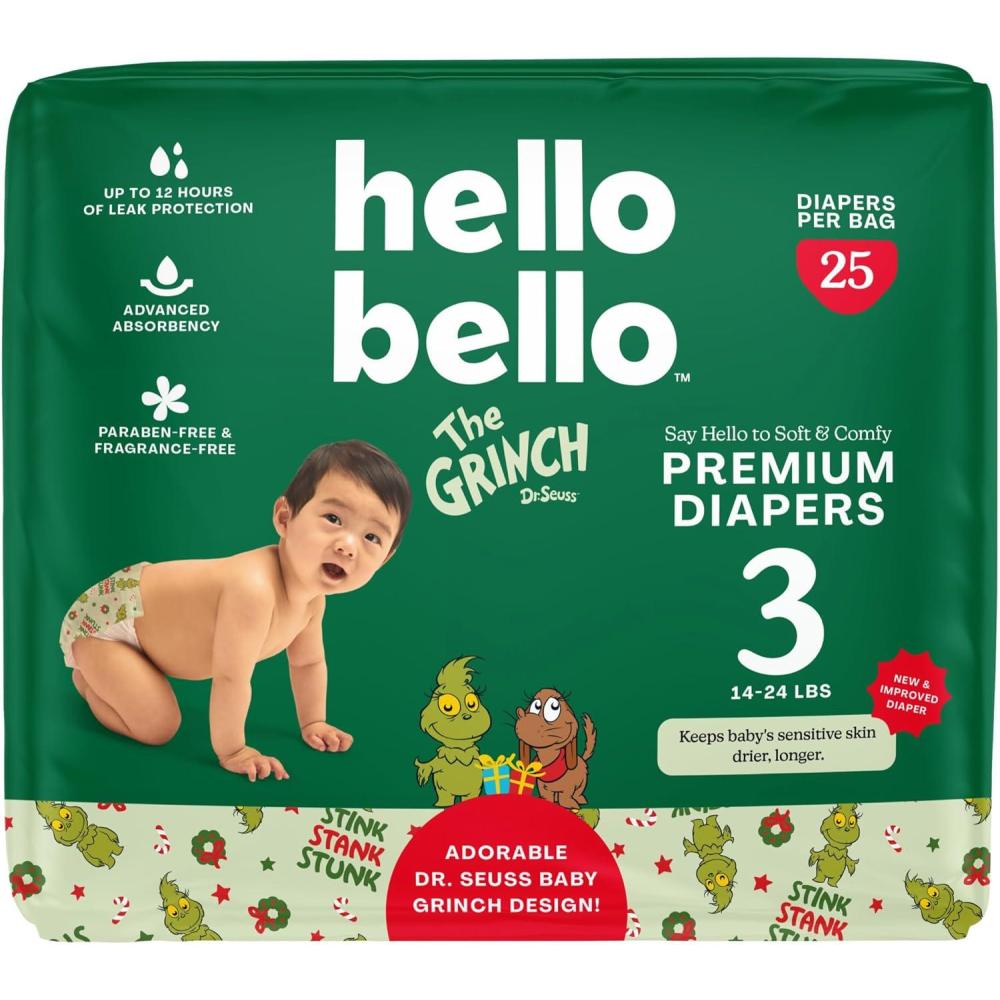 image:imageHello Bello Diapers Size 1 812 lbs Flower Child 128 Count Value Pack of Premium Disposable Baby Diapers Hypoallergenic with Soft ClothLike FeelDr Seuss Baby Grinch