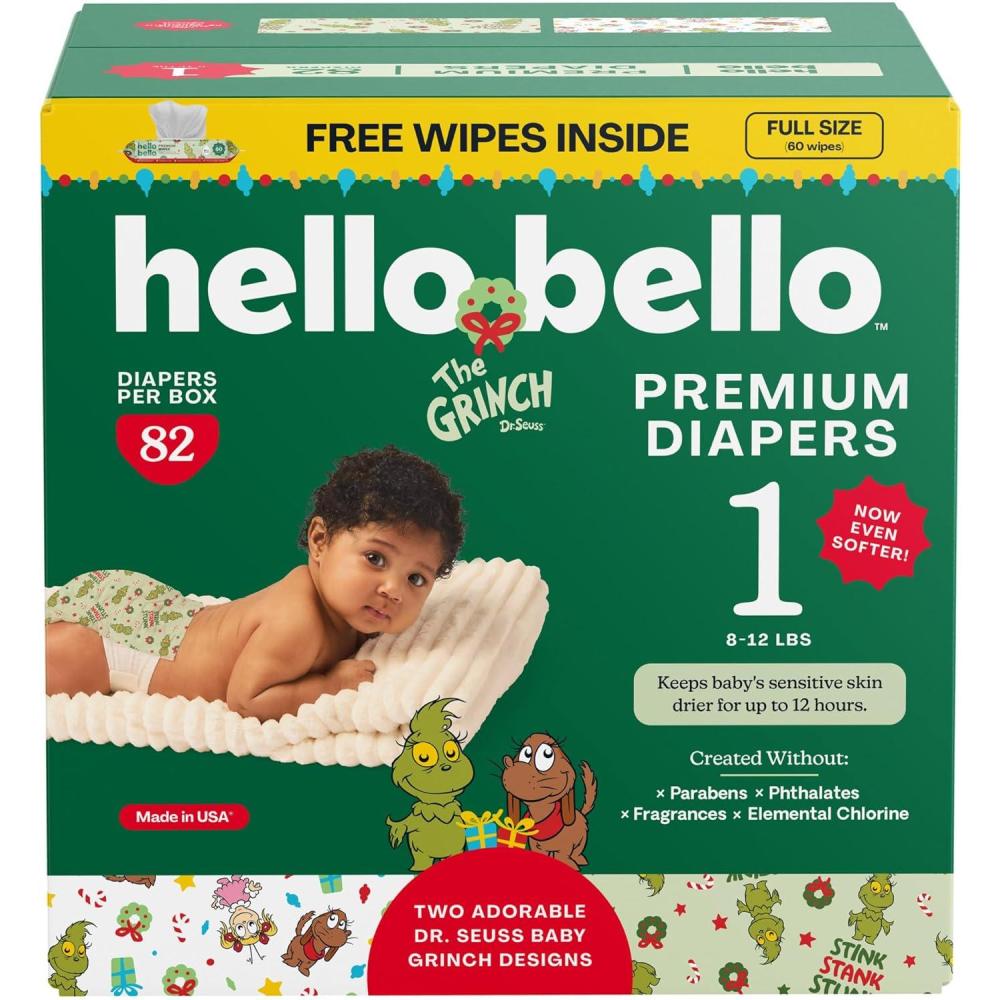 image:imageHello Bello Dr Seuss Baby Grinch Premium Diapers Size 1 812 lbs 82ct Plus Bonus Baby Wipes Softness amp Protection for Sensitive SkinDr Seuss Baby Grinch