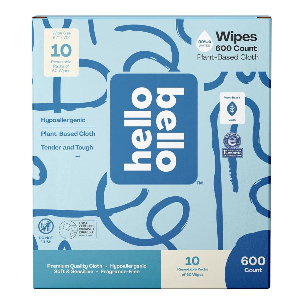 image:imageHello Bello Extra Gentle Unscented Baby Wipes Plant Based Made with 99 Water and Aloe for Babies and Kids 60 Count Pack of 10 Total 600 Count