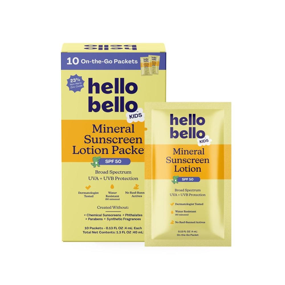 image:imageHello Bello Kids SPF 50 Mineral Sunscreen Lotion 10 Count Travel Packets Water Resistant Broad Spectrum UVA UVB Sun ProtectionKids Mineral Sunscreen Packets 10 CT 50 SPF