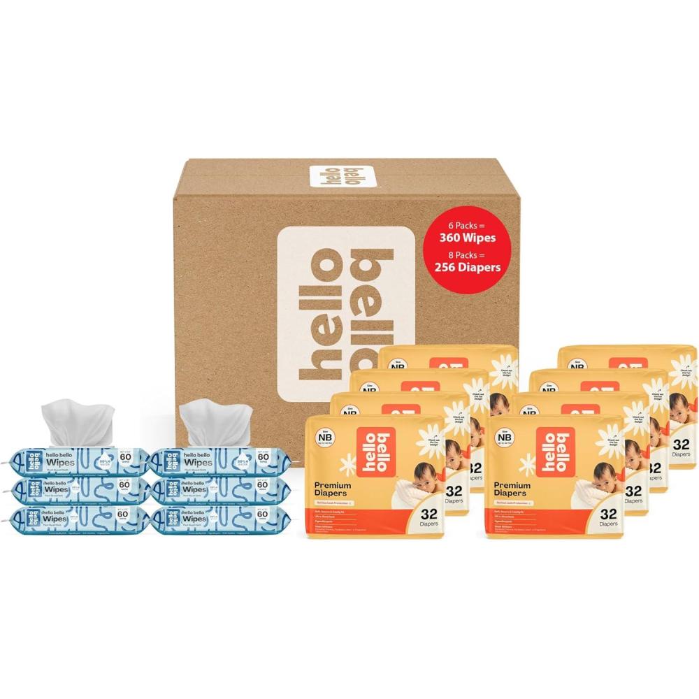image:imageHello Bello Mega Surprise Pack Size NB up to 10lbs 256ct Hypoallergenic Assorted Diapers with a Soft ClothLike Feel Plus 360 Ultra Gentle Unscented Baby Wipes in 6 Resealable Packs