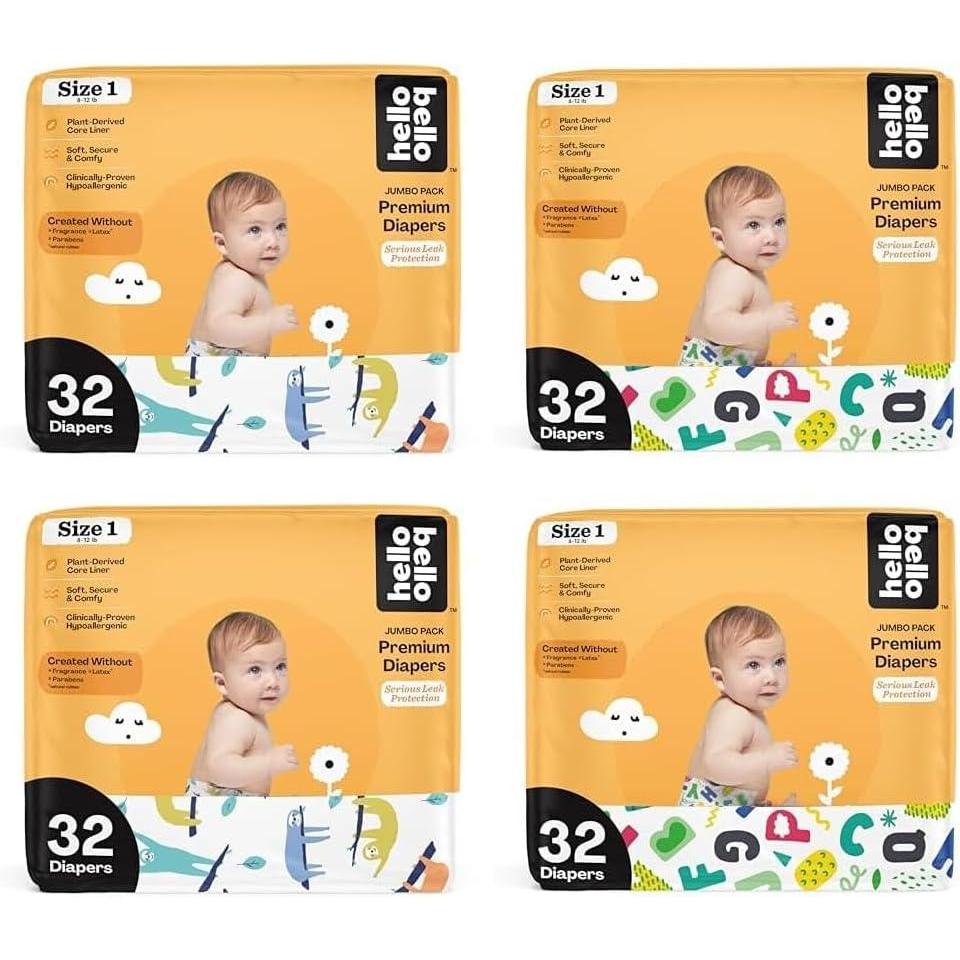 image:imageHello Bello Premium Baby Diapers Size 1 128 Count of Disposable ExtraAbsorbent and Hypoallergenic Baby Diapers with Snug and Comfort Fit Alphabet Soup 64 and Sleepy Sloth 64