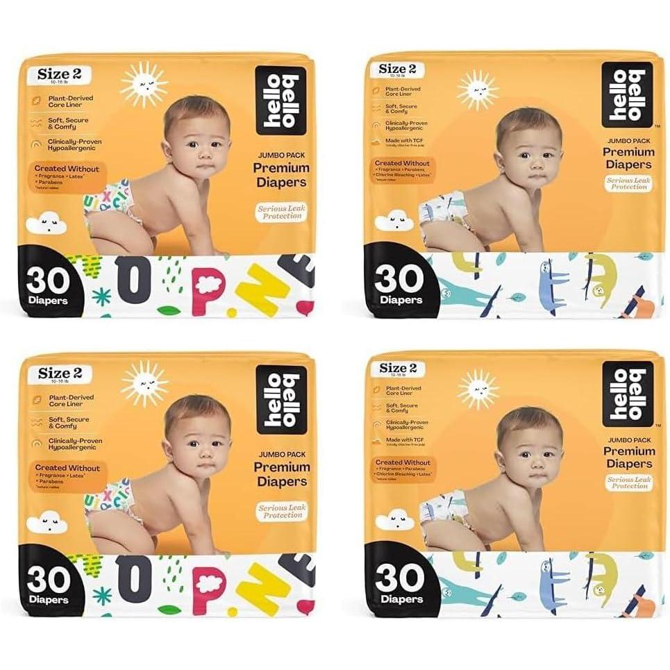image:imageHello Bello Premium Baby Diapers Size 2 120 Count of Disposable ExtraAbsorbent and Hypoallergenic Baby Diapers with Snug and Comfort Fit Alphabet Soup 60 and Sleepy Sloth 60