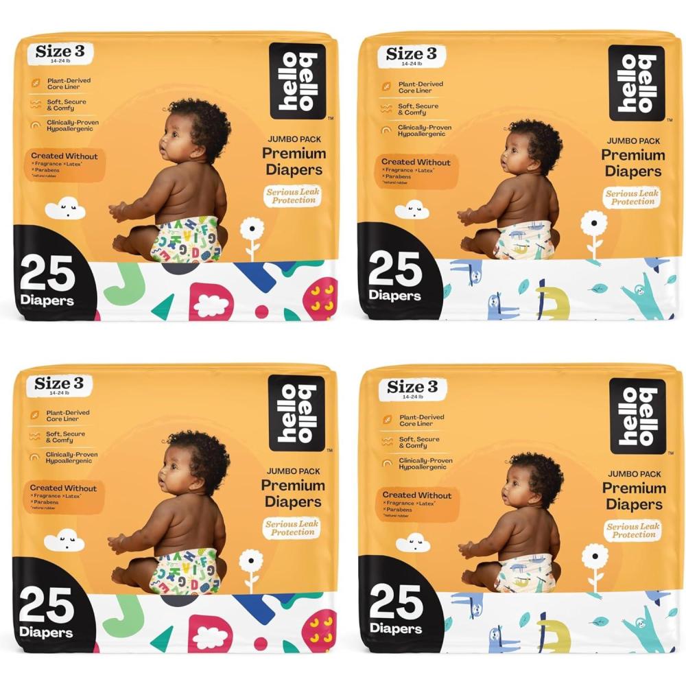 image:imageHello Bello Premium Baby Diapers Size 3 100 Count of Disposable ExtraAbsorbent and Hypoallergenic Baby Diapers with Snug and Comfort Fit Alphabet Soup 50 and Sleepy Sloth 50