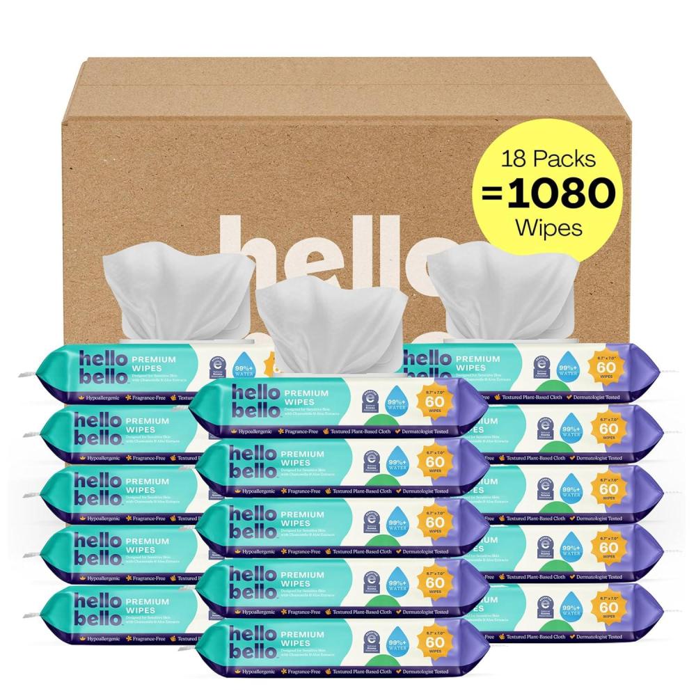 image:imageHello Bello Premium FragranceFree Baby Wipes with Chamomile amp Aloe Extracts for Sensitive Skin 12 Resealable Packs 720 Total Wipes60 Count Pack of 18