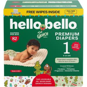 Hello Bello Dr. Seuss Baby Grinch Premium Diapers, Size 1 (8-12 lbs), 82ct Plus Bonus Baby Wipes: Softness & Protection for Sensitive Skin(Dr. Seuss Baby Grinch)
