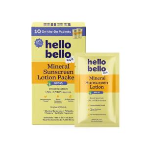 Hello Bello Kids SPF 50 Mineral Sunscreen Lotion – 10 Count Travel Packets – Water Resistant Broad Spectrum UVA + UVB Sun Protection(Kids Mineral Sunscreen Packets (10 CT) – 50 SPF)