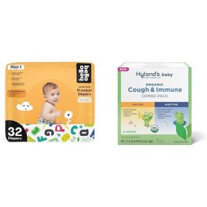 Hello Bello Premium Baby Diapers Size 1, 32 Count of Disposable Comfort Fit Diapers – Design: Alphabet Soup + Hyland’s Baby – Organic Cough & Immune Day & Night Combo Pack (4 fl oz)