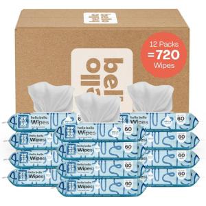 Hello Bello Premium Wipes, Designed for Sensitive Skin with Chamomile & Aloe Extracts, Rosy Posy (12 Resealable Packets = 720 Total Wipes)(Blue)