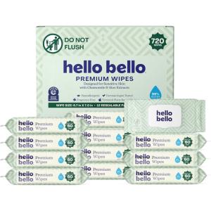 Hello Bello Premium Wipes, Designed for Sensitive Skin with Chamomile & Aloe Extracts, Rosy Posy (12 Resealable Packets = 720 Total Wipes)(Simply Sage)