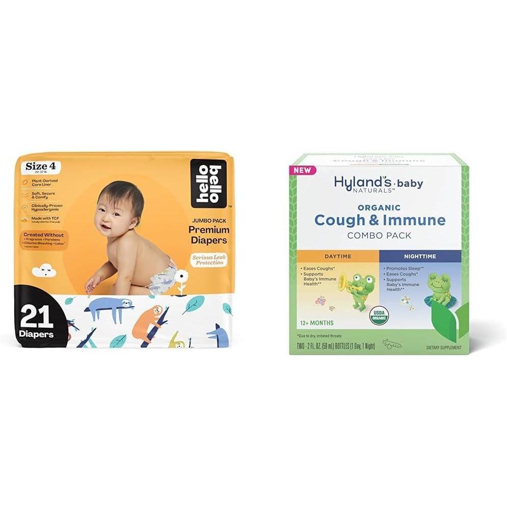 image:imageHello Bello Premium Baby Diapers Size 4 21 Count of Disposable Comfort Fit Diapers Design Sleepy Sloth Hylands Baby Organic Cough amp Immune Day amp Night Combo Pack 4 fl oz