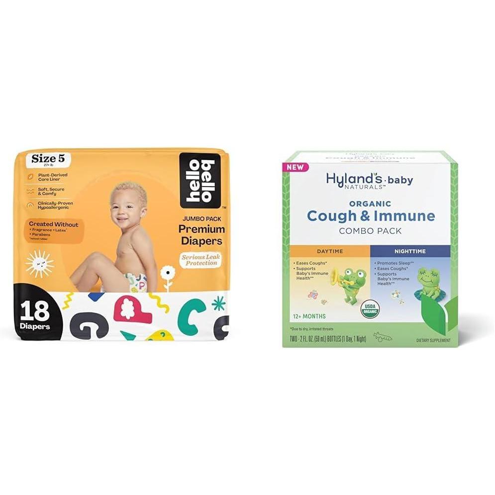 image:imageHello Bello Premium Baby Diapers Size 5 18 Count of Disposable Comfort Fit Diapers Design Alphabet Soup Hylands Baby Organic Cough amp Immune Day amp Night Combo Pack 4 fl oz