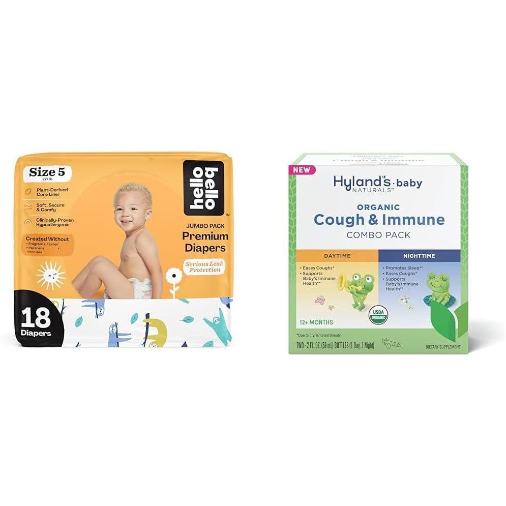 image:imageHello Bello Premium Baby Diapers Size 5 18 Count of Disposable Comfort Fit Diapers Design Sleepy Sloth Hylands Baby Organic Cough amp Immune Day amp Night Combo Pack 4 fl oz