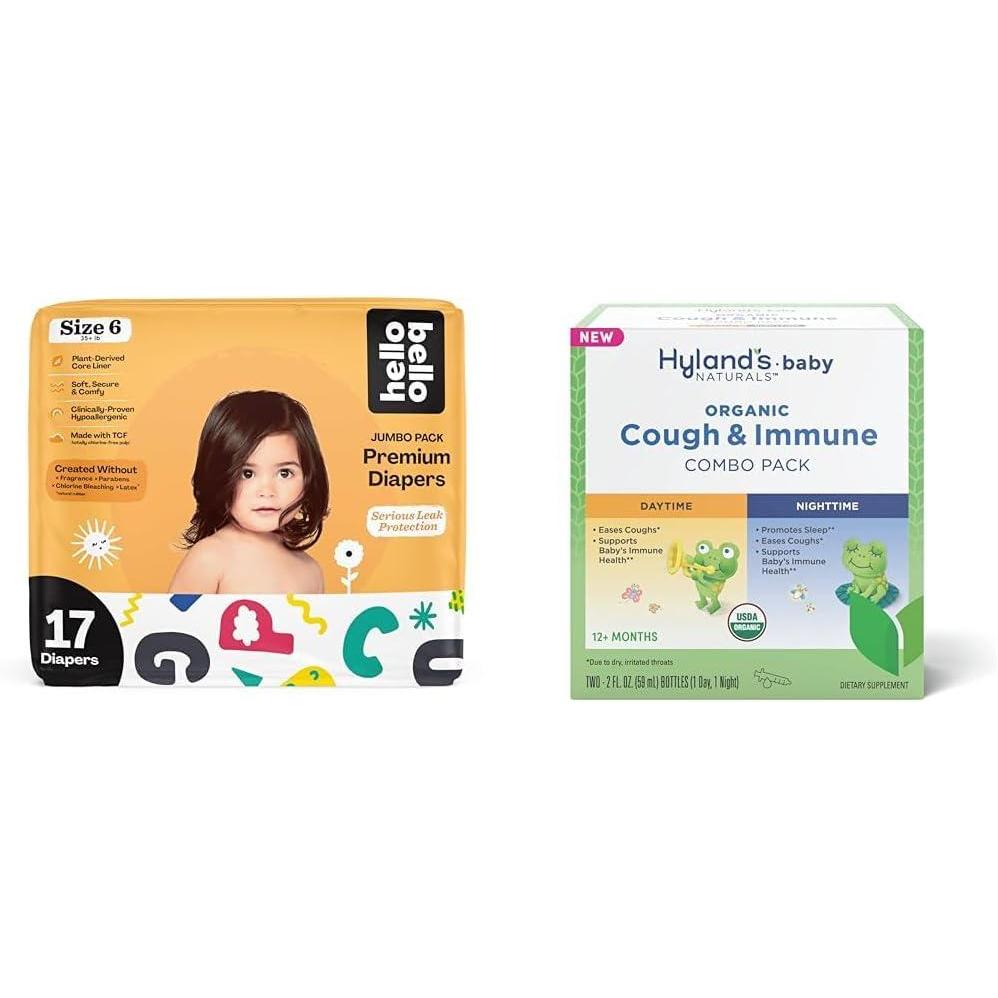 image:imageHello Bello Premium Baby Diapers Size 6 17 Count of Disposable Comfort Fit Diapers Design Alphabet Soup Hylands Baby Organic Cough amp Immune Day amp Night Combo Pack 4 fl oz
