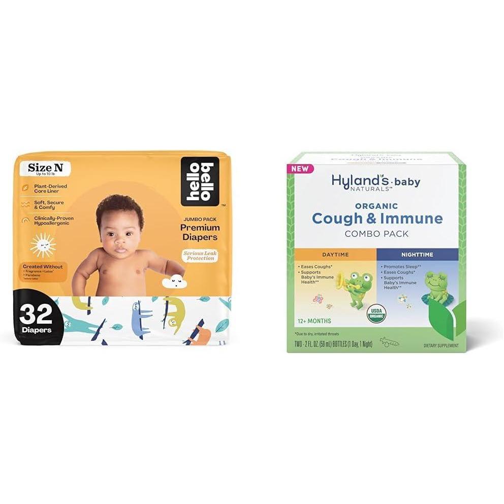 image:imageHello Bello Premium Baby Diapers Size Newborn 32 Count of Disposable Comfort Fit Diapers Design Sleepy Sloth Hylands Baby Organic Cough amp Immune Day amp Night Combo Pack 4 fl oz