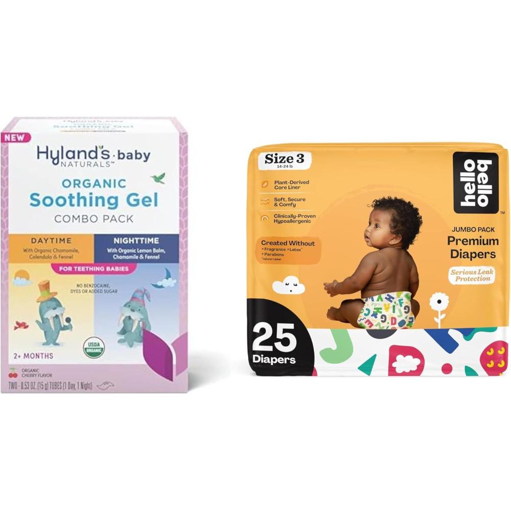 image:imageHylands Baby Organic DayNight Soothing Gel Combo Pack Natural Relief of Oral Discomfort 2 Tubes of 053 oz Hello Bello Premium Baby Diapers Size 3 25 Count