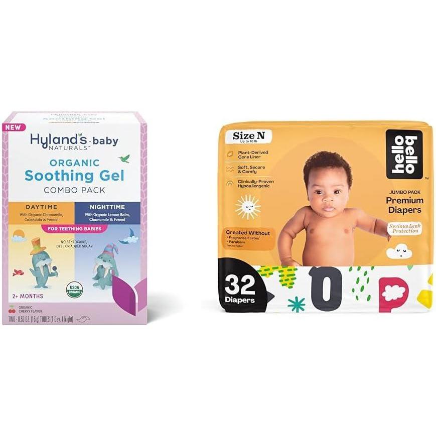 image:imageHylands Baby Organic DayNight Soothing Gel Combo Pack Natural Relief of Oral Discomfort 2 Tubes of 053 oz Hello Bello Premium Baby Diapers Size Newborn 32 Count