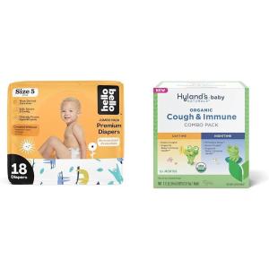 Hello Bello Premium Baby Diapers Size 5, 18 Count of Disposable Comfort Fit Diapers – Design: Sleepy Sloth + Hyland’s Baby – Organic Cough & Immune Day & Night Combo Pack (4 fl oz)