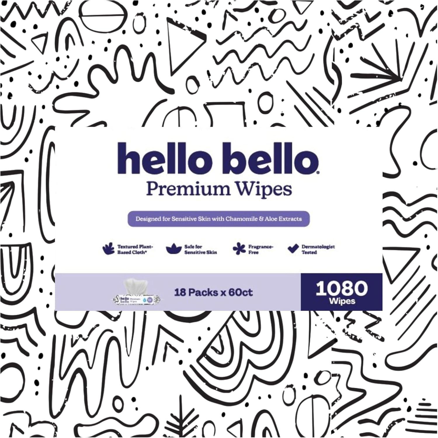image:imageHello Bello Premium Wipes Designed for Sensitive Skin with Chamomile amp Aloe Extracts Flower Pop 9 Resealable Packets 540 Total WipesPlayful Sketches