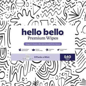 Hello Bello Premium Wipes, Designed for Sensitive Skin with Chamomile & Aloe Extracts, Flower Pop (9 Resealable Packets = 540 Total Wipes)(Playful Sketches)