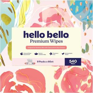 Hello Bello Premium Wipes, Designed for Sensitive Skin with Chamomile & Aloe Extracts, Flower Pop (9 Resealable Packets = 540 Total Wipes)(Rosy Posy)