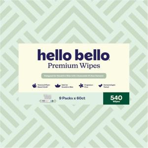 Hello Bello Premium Wipes, Designed for Sensitive Skin with Chamomile & Aloe Extracts, Flower Pop (9 Resealable Packets = 540 Total Wipes)(Simply Sage)