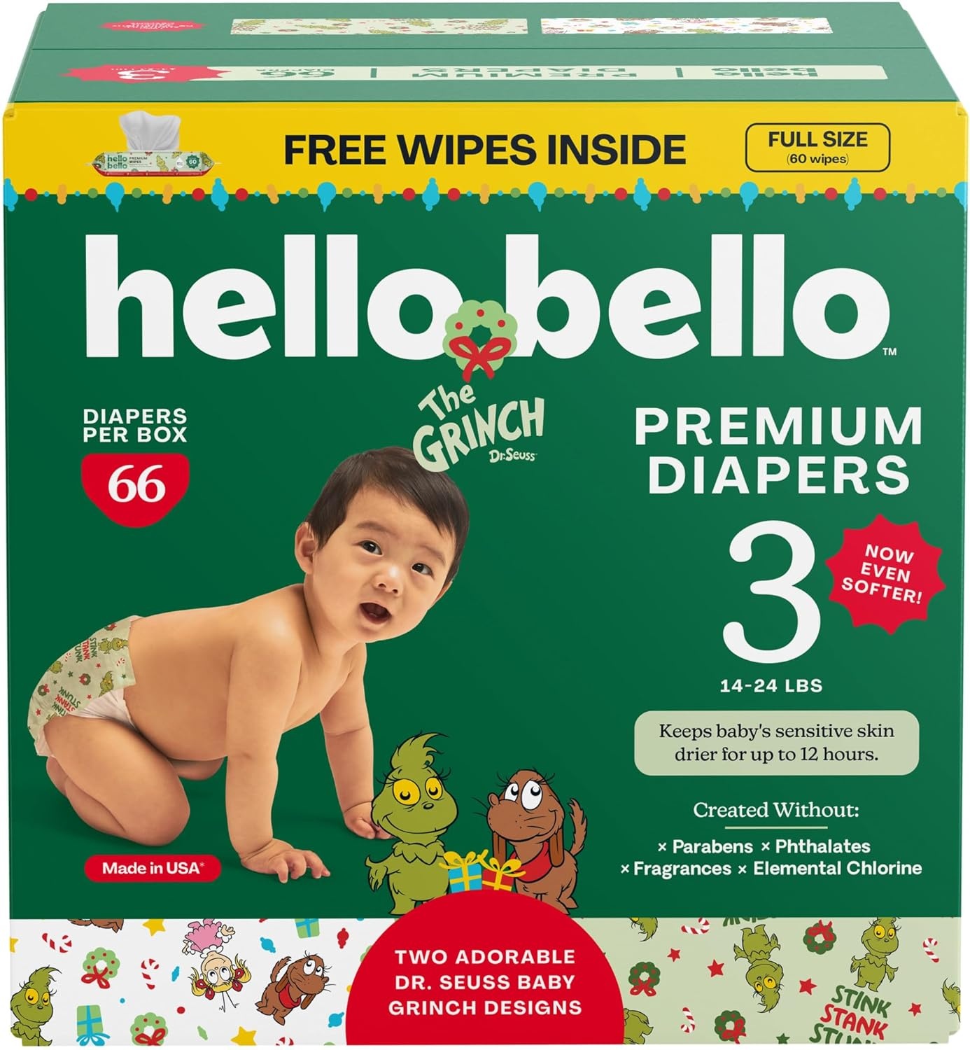 image:imageHello Bello Dr Seuss Baby Grinch Premium Diapers Size 3 1424 lbs 66ct Plus Bonus Wipes Softness amp Protection for Sensitive Skin Packaging May VaryDr Seuss Baby Grinch