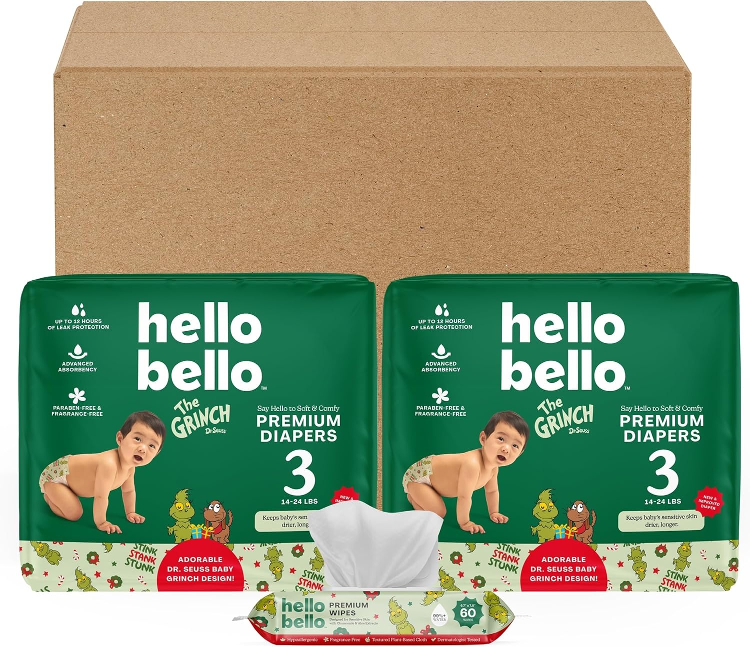 image:imageHello Bello Dr Seuss Baby Grinch Premium Diapers Size 3 1424 lbs 66ct Plus Bonus Wipes Softness amp Protection for Sensitive Skin Packaging May VaryDr Seuss Baby Grinch