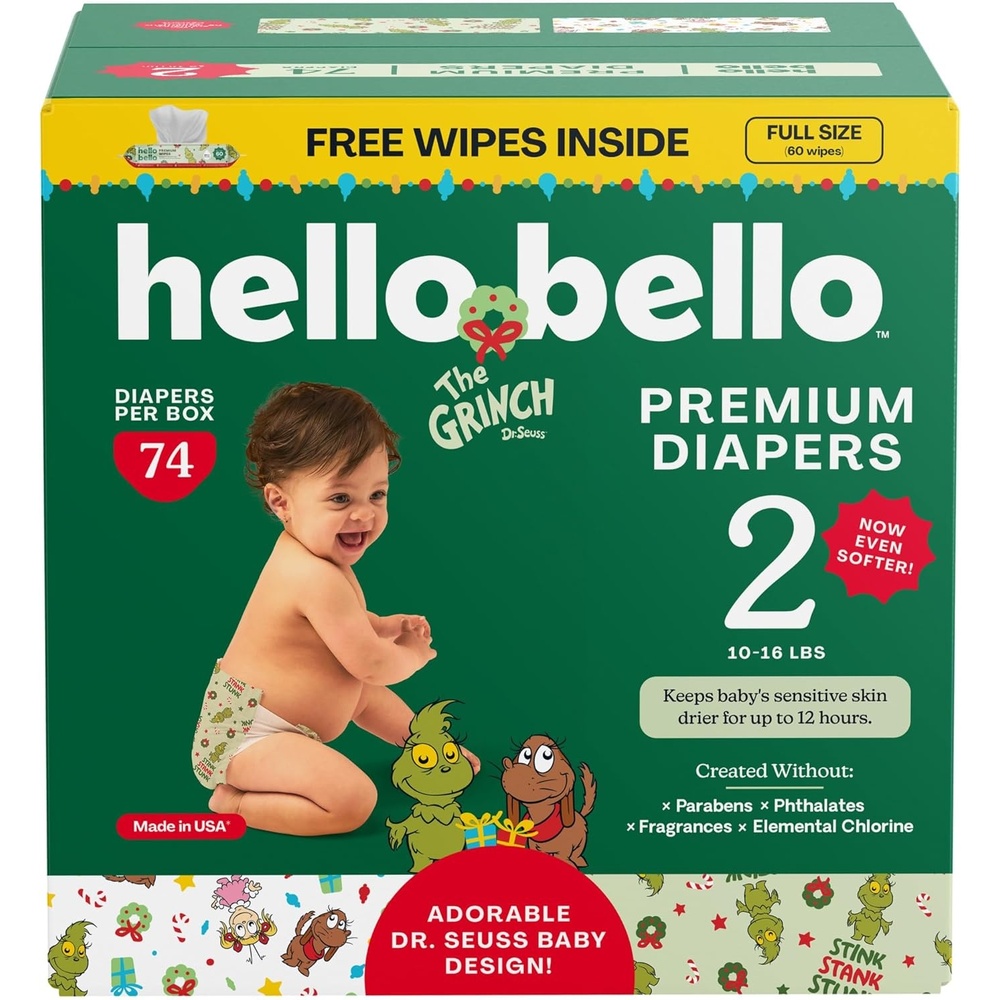image:imageHello Bello Dr Seuss Baby Grinch Premium Diapers Size 3 1424 lbs 66ct Plus Bonus Wipes Softness amp Protection for Sensitive Skin Packaging May VaryDr Seuss Baby Grinch