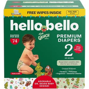 Hello Bello Dr. Seuss Baby Grinch Premium Diapers, Size 3 (14-24 lbs), 66ct Plus Bonus Wipes: Softness & Protection for Sensitive Skin (Packaging May Vary)(Dr. Seuss Baby Grinch)